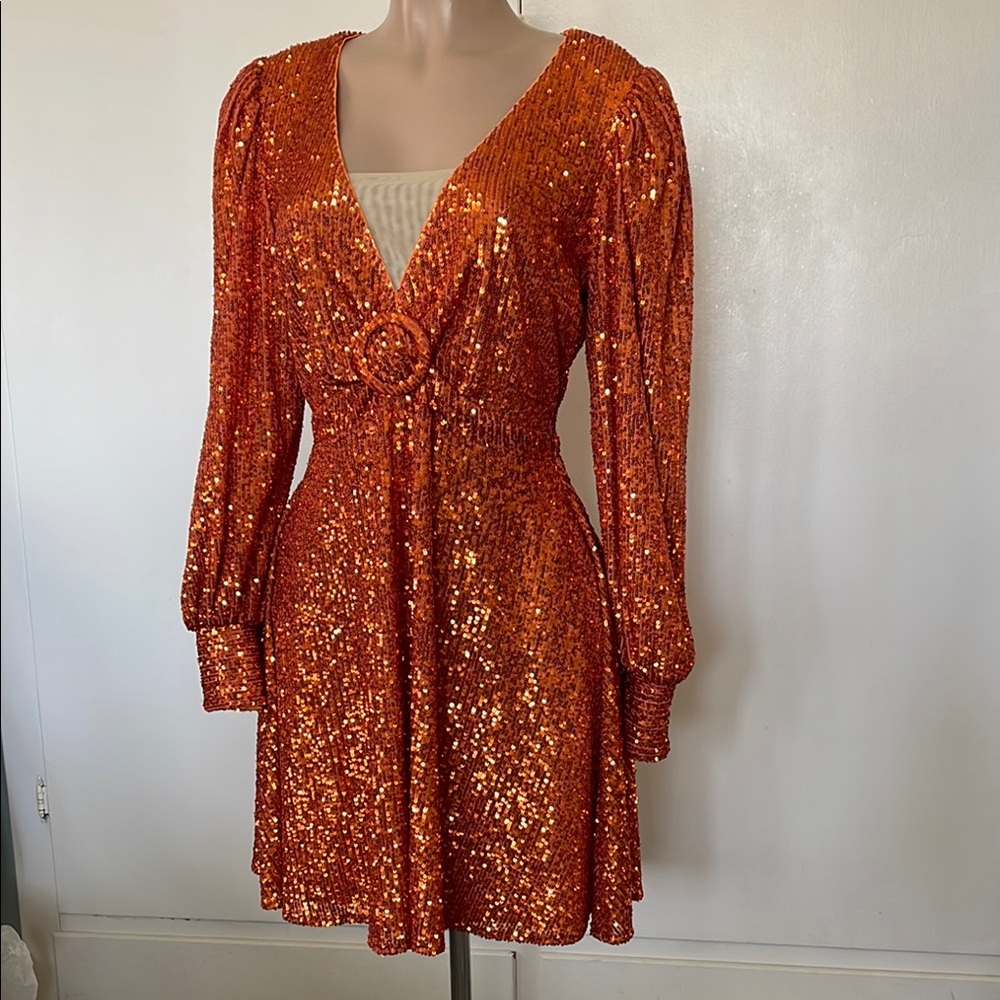 ONE 33 Social  GORGEOUS Women’s Orange Sequin V-Neck  Long Sleeve Party Dress
